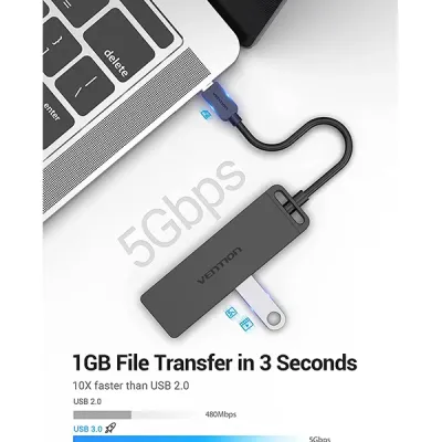 VENTION TGKBD Type-C to 4-Port USB 3.0 Hub with Power Supply - Black - Image 2