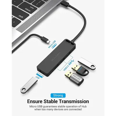 VENTION TGKBD Type-C to 4-Port USB 3.0 Hub with Power Supply - Black